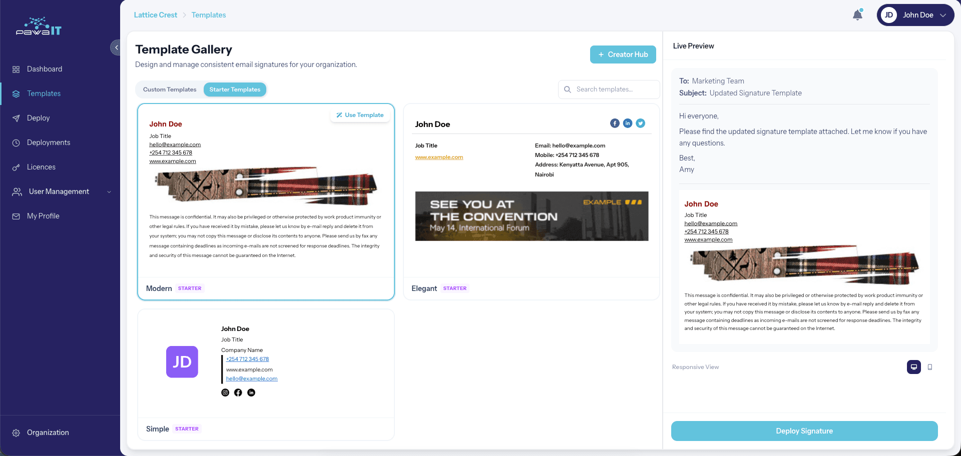 Template Gallery with starter templates and live preview