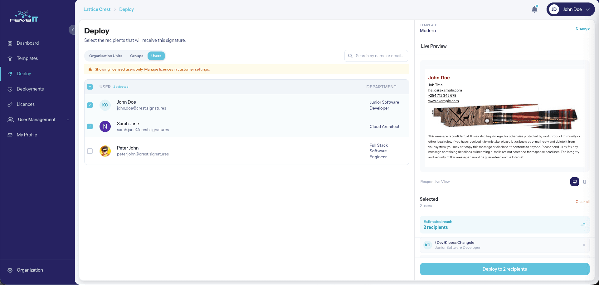 Deploy screen with target user selection and live preview